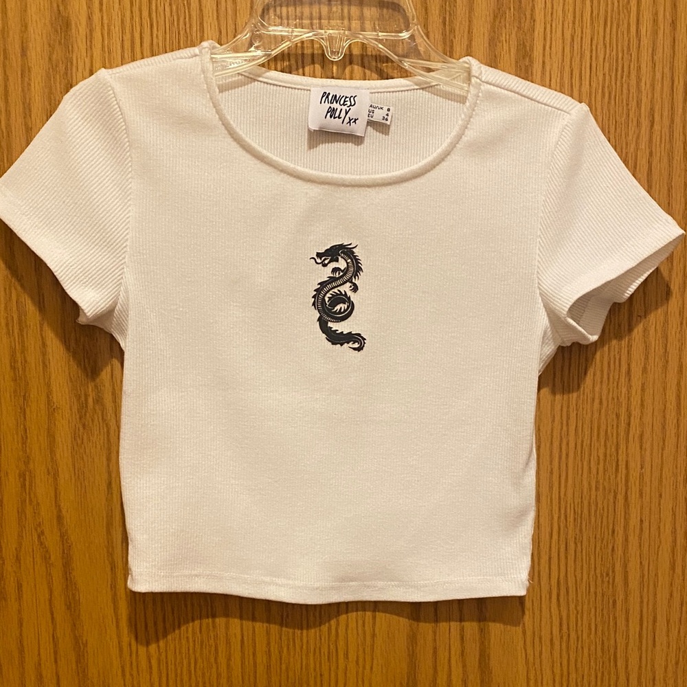Princess Polly White Tee with Black Dragon Design